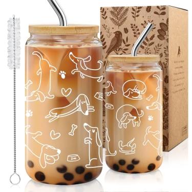 Imagem de MOREYUYEE Dachshund copo de vidro presentes para mulheres homens, mãe de cachorro, amantes de cães Weiner, donos de cães, engraçado Dachshund aniversário Natal copo de vidro de café com tampa e canudo