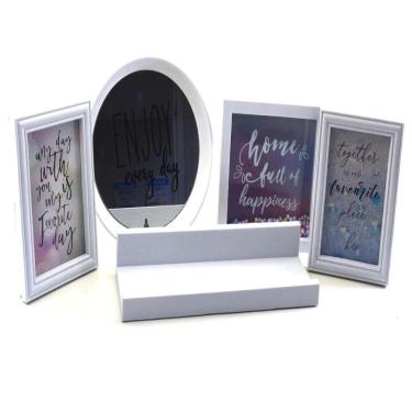 Imagem de Kit Decoracao Prateleira Espelho Quadro E Porta Retrato De Parede Completo Com 5 Peças Casa Sala Escritorio