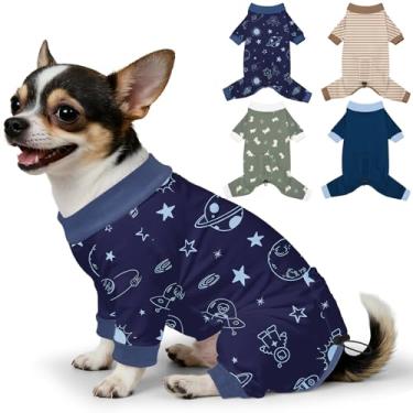 Imagem de Bienbee Pijamas para cães, 4 peças, pijamas macios e elásticos para cães, fantasia para cães pequenos, médios e grandes, meninos e meninas (conjunto de espaço e dinossauros) - PP