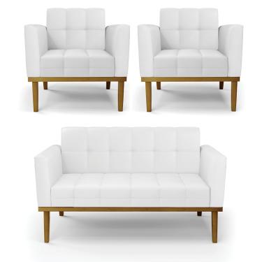 Imagem de Sofá Namoradeira e 2 Poltronas Base Madeira Castanho Elisa Corino Branco D03 - D'Rossi