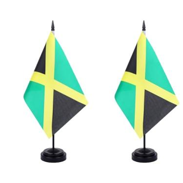 Imagem de JBSJBS Bandeira de mesa da Jamaica 30,5 cm conjunto de luxo bandeiras jamaicanas mini bandeiras de mesa de escritório da Jamaica com base de suporte preto decorações de mesa (pacote com 2)