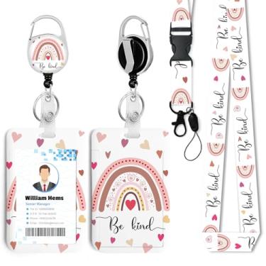 Imagem de Porta-crachá de identificação Rainbow Be Kind com cordão breakaway e carretel retrátil resistente - chaveiro mosquetão giratório de 360° para mulheres, estudantes, professores, enfermeiros, uso no
