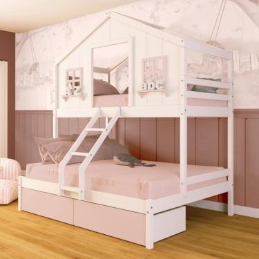 Imagem de Beliche Casal/ Solteiro Casinha Dos Sonhos Com 02 Gavetas Madeira Maciça Branco/ Rosa Megamobilia