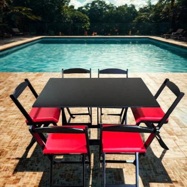 Imagem de Conjunto Dobrável 120x70cm 6 Cadeiras Estofado Preto/Vermelho