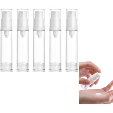 Imagem de Tangseajiao 5 frascos vazios de bomba sem ar de 10 ml, recipiente de loção de viagem transparente recarregável, prensa cosmética a vácuo, para base, gel, loção hidratante, xampu, higiene pessoal