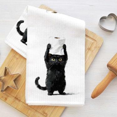 Imagem de Toalhas de cozinha de gato fofo, papel higiênico bem-humorado impressão animal microfibra absorvente pano de prato decorativo toalha de chá, toalhas de mão waffle para cozinha, casa, banheiro