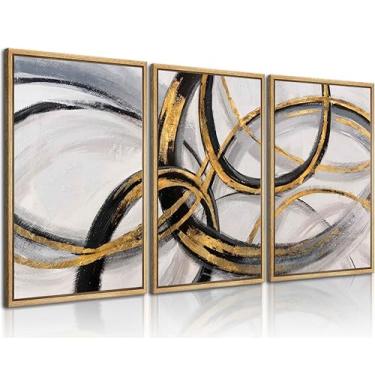 Imagem de 3 peças de arte de parede preta e dourada arte abstrata moderna decoração de parede preto dourado linha pintura imagens minimalistas impressão de pôster para sala de estar quarto escritório decoração