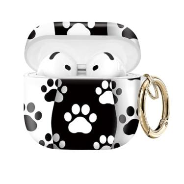 Imagem de Capa protetora compatível com AirPod 4 com chaveiro dourado para AirPods de quarta geração 2024. Capa protetora de fone de ouvido sem fio, à prova de choque, poeira (patas de cachorro pretas e brancas