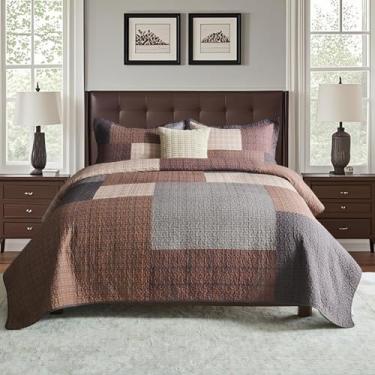 Imagem de DDUOXIN Conjunto de colcha queen xadrez Farmhouse - 100% algodão com 2 fronhas, colcha leve e fina para todas as estações, marrom/marrom escuro, Queen (228 cm L x 248 cm C)