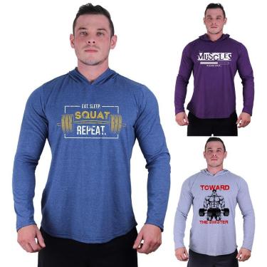 Imagem de Kit 3 Camisetas Manga Longa com Touca Longline Estampada Treino Academia Lazer Casual-Masculino