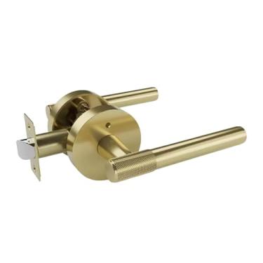 Imagem de Generic Maçanetas internas com fechadura, redondas, para portas de passagem. Fechadura e fácil de instalar. Maçaneta de substituição serrilhada, Ouro