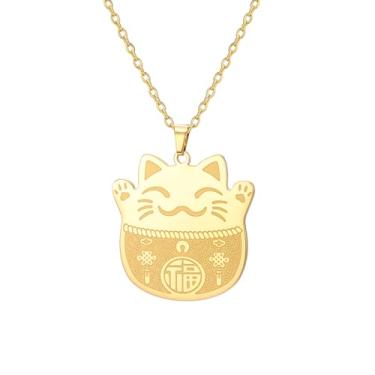 Imagem de UNIFT Colar de gato da sorte para mulheres e homens, pingente Maneki Neko de aço inoxidável com símbolo Fu para presentes de jelwery Good Fortune para quem você ama, Adjustable, Aço inoxidável, Sem