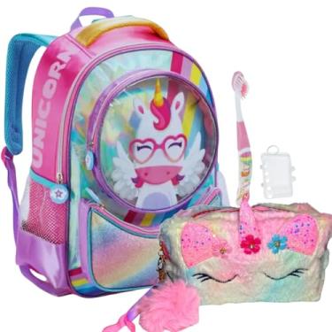 Imagem de Mochila Infantil Unicórnio Escolar Com Estojo Unicórnio Felpudo (Rosa Claro)