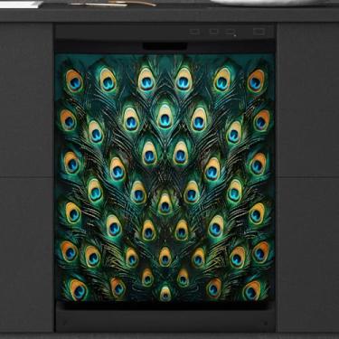 Imagem de Capa magnética para lava-louças, pena de pavão, verde, vintage, magnética, capa de porta de lava-louças, decalque para máquina de lavar louça, decalque decorativo para cozinha, eletrodomésticos, 58 x