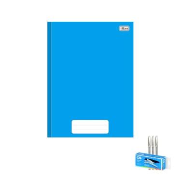 Imagem de Kit Caderno Brochura Capa Dura Azul 80 Folhas + Caneta Trigel Branca 0.8mm Caixa com 12 Unidades + Grampeador Alicate S-150