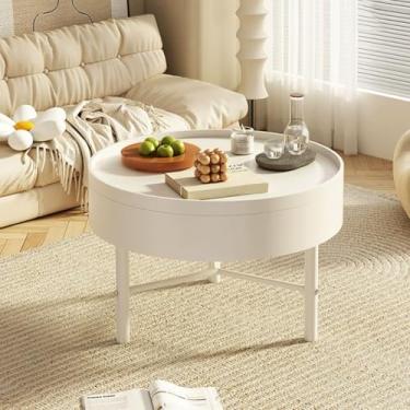 Imagem de Yadlan Mesa de centro redonda com compartimento de armazenamento oculto, mesa central circular moderna com tampa giratória, mesa de café de madeira elegante mesa de jantar branca 60 x 60 x 43 cm (24 x