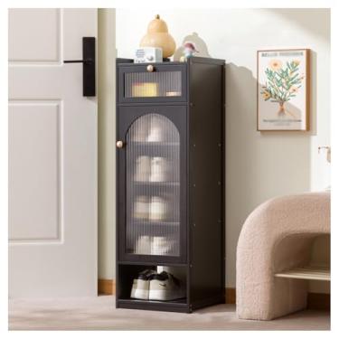 Imagem de SPXMQSS Sapateira vertical de bambu, sapateira estreita para entrada, prateleira de pé livre com porta, armário de sapatos para entrada, corredor, quarto, preto B, 7 níveis 31 x 31 x 94 cm