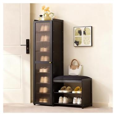 Imagem de SPXMQSS Sapateira de bambu, banco de entrada com almofada macia 2 em 1, banco de sapatos e armário de armazenamento com prateleiras removíveis para entrada, sala de estar, quarto, preto 85 x 31 x 131