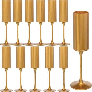 Imagem de Pacote com 12 taças de champanhe, taças de vinho de plástico de 170 g - reutilizáveis, elegantes para recepção de casamento, aniversário, brindes, festas - Taças de Mimosa vintage com haste longa
