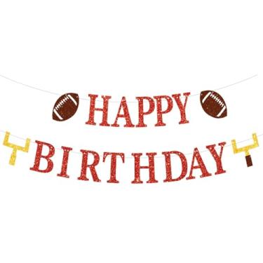 Imagem de Decoração de festa de aniversário de futebol com glitter, faixa pré-amarrada de feliz aniversário com placa de poste de gol de futebol para suprimentos de festa com tema esportivo (vermelho)