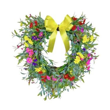 Imagem de IEUDNS Guirlanda em forma de coração, Guirlanda de gipsófila, para porta de entrada, de flores com laço para janela, Amarelo