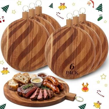 Imagem de 6 peças de tábua de corte de madeira de acácia a granel 25,4 cm redonda de madeira para picar charcutaria de madeira para vegetais, frutas, pão, queijo, bandeja de servir de bengala de doces gravada
