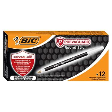Imagem de BIC Caneta esferográfica PrevaGuard Round Stic com proteção integrada para suprimir o crescimento de bactérias, ponta média (1,0 mm), preta, 12 unidades