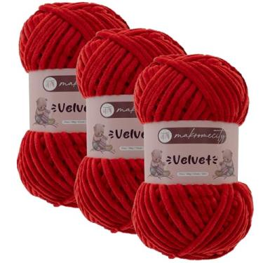 Imagem de Makromecity 3 novelos de fio de veludo 100 g (3,5 oz) / 120 m (132 jardas) fio de chenille premium 100% poliéster, ultra macio, antibolinhas, lavável na máquina, 30 cores para tricô e crochê (vermelho