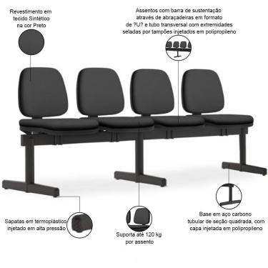 Imagem de Cadeira Longarina 4 Lugares Recepção Sala De Espera Work F02 Sintético Preto - Lyam Decor