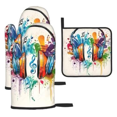 Imagem de Conjunto de cozinha essencial de 3 peças com estampa de graffiti, luvas resistentes ao calor e aderência da tampa, proteção para churrasco no forno, design de armazenamento suspenso.