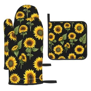 Imagem de Girassol – Conjunto de cozinha essencial com 3 peças, luvas seguras para calor e aderência de tampa, proteção para churrasco no forno, design de armazenamento suspenso.