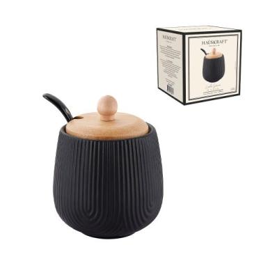 Imagem de Açucareiro Cerâmica 360ml Com Colher E Tampa De Bambu Preto Hauskraft