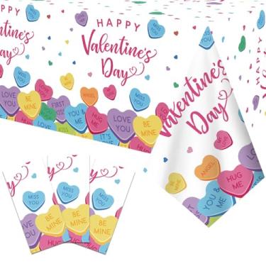Imagem de Gistome Toalha de mesa de plástico para Dia dos Namorados de 3 peças de 137 x 272 cm – Capas de mesa descartáveis coloridas com coração doce para festas dos namorados, casamentos, salas de aula e