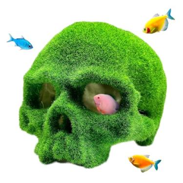 Imagem de Tfwadmx Decoração de aquário de caveira musgosa, decorações de tanque de peixes de resina caverna Betta Peixe Hiedout Casa de répteis para peixes pequenos, camarão
