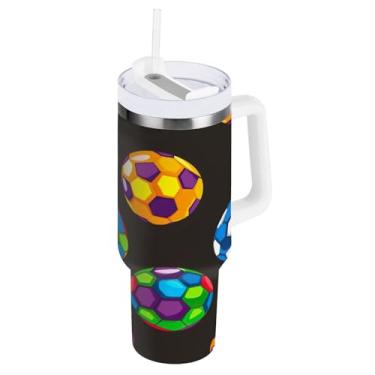 Imagem de Kigai Copo de futebol colorido de 1,134 g com tampa e canudo, copo isolado de aço inoxidável durável à prova de vazamento com alça, garrafas de água à prova de derramamento para viagens