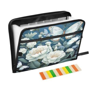 Imagem de Wassud Pasta organizadora de arquivos sanfonada de flores brancas A4, pasta organizadora de documentos, com etiquetas, pasta de arquivos expansível, 13 bolsos