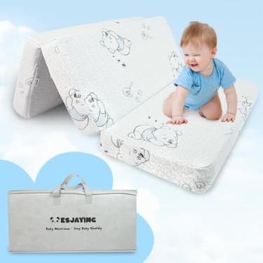 Imagem de ESJAYING Colchão Pack and Play, 96,5 cm x 66 cm Colchão de bebê de espuma viscoelástica de gel para bebê Pack N Play com capa lavável respirável, pacote com três dobras, forro de colchão N Play com