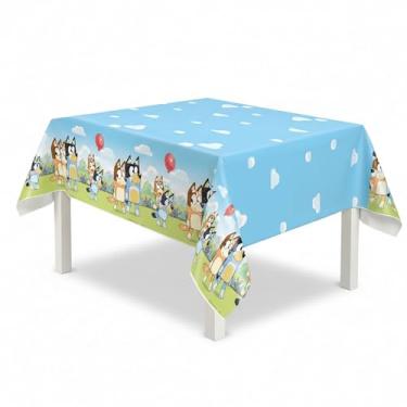 Imagem de Toalha de mesa retangular de plástico descartável Bluey Party - 137 cm x 213 cm (1 peça) - Estampa de borda azul - perfeita para aniversários, brincadeiras e festas em sala de aula