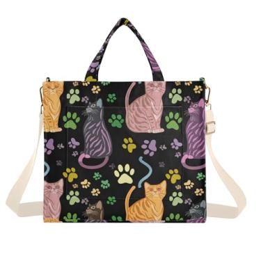 Imagem de Burbuja Sacola feminina de gatos com estampa de patas, bolsa tiracolo de veludo cotelê para compras, trabalho, viagens, C245, Medium