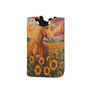 Imagem de xigua Suporte de cavalo no campo de girassol, grande cesto de roupa suja com alça, cesto de roupas dobrável para organização de brinquedos e roupas no quarto, banheiro e lavanderia