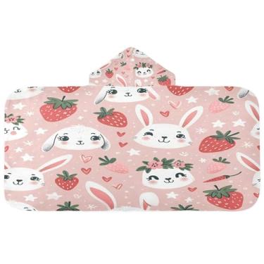 Imagem de Burbuja Toalha de banho com capuz de coelho morango para crianças, toalha de praia de pelúcia macia absorvente para meninas e meninos 3-10 anos, 61 x 127 cm