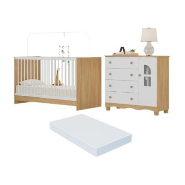 Imagem de Berço 3 em 1 com Colchão Incluso e Cômoda 1 Porta 4 Gavetas Aurora Multimóveis Mp4770 Madeirado/branco