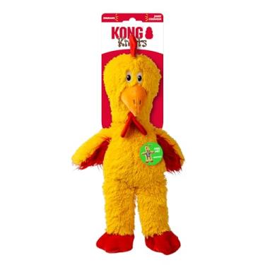 Imagem de KONG Brinquedo para cães de galinha Knots – Corda com nó interno e dois Squeakers – Pelúcia durável com enchimento mínimo, brinquedo para mastigar e puxar interno/externo (médio/grande)