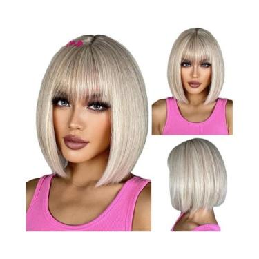 Imagem de Peruca Sintética Preta Lisa Curta Com Franja Para Mulheres, Cabelo Afr