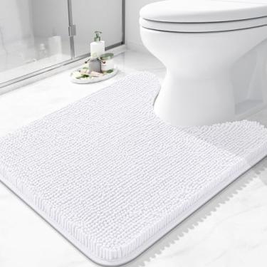 Imagem de Arotive Tapetes de banheiro em forma de U 61 cm x 50 cm, tapetes de banheiro com contorno de chenille felpudo extramacios, laváveis na máquina, tapetes de banho antiderrapantes e contornados, brancos