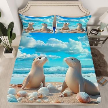 Imagem de jejeloiu Jogo de lençol Queen com selo fofo, praia, concha do mar, 3 peças, 1 lençol com elástico + 2 fronhas (sem lençol de cima)