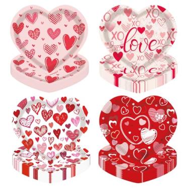 Imagem de KFJBPB 48 peças de pratos de papel para o dia dos namorados, 18 cm, descartáveis em forma de coração, pratos de festa, padrão de coração, bolo de jantar, prato de sobremesa para decorações de mesa de