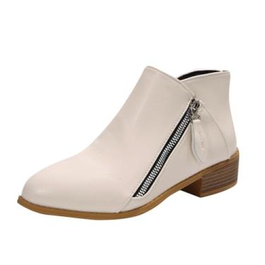 Imagem de Botas femininas com zíper lateral, salto grosso, bico fino, cano baixo, para outono, casual, versátil, estilo legal com salto grosso, Branco, 38