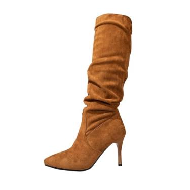 Imagem de Bota feminina de salto alto, confortável, casual, com bico fino para lazer e atividades internas, ótimo para conforto diário, Marrom, 36