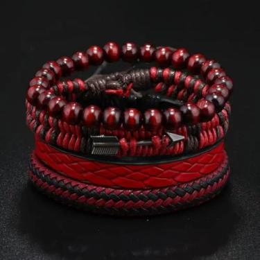 Imagem de 4 peças de pulseiras de contas empilháveis de poliuretano com design de flecha vermelha para mulheres e homens, conjunto de pulseiras elásticas com contas multicamadas
